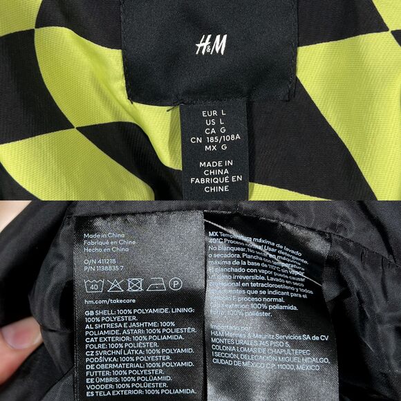 H&M Men's Large Neon Yellow Black Wavy Checkered Full Zip Windbreaker Jacket - Picture 7 of 9